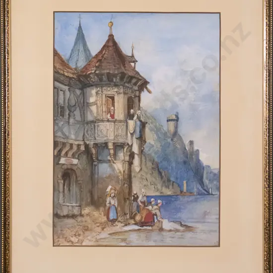 CB - framed watercolour - Rhein scene H-350 W-240 (damage to frame)