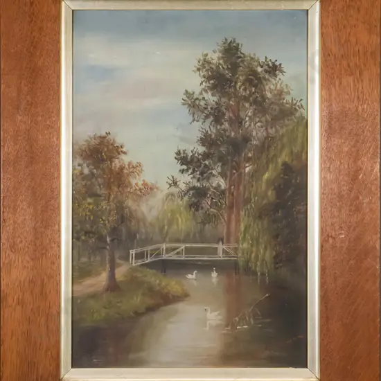 Ella Rudman - framed oil on canvas - swans in river H-440 W-290