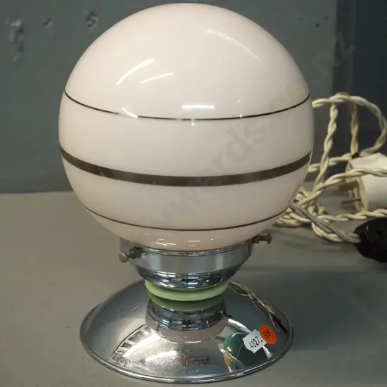 deco glass globe table lamp with chrome base - shade is pink glass with silver stripes H220 D170