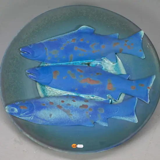 Paul Laird 1997 - heavy studio pottery fish themed wall hanging Diam 485