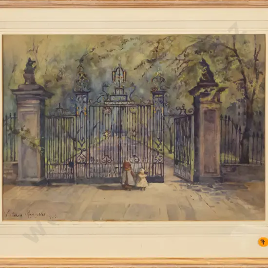 Victoria Manners 1906 - framed watercolour - children at the gates H-260 W-350 (slight marking to mat)