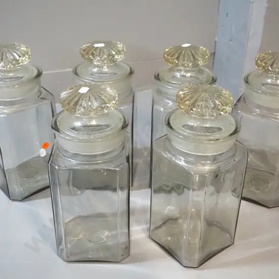 set of 6 vintage square heavy glass lolly jars - some minor chips H-290 120 x 120