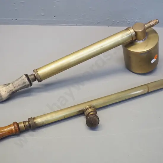 two vintage brass pump action garden sprayers with timber handles, one with tank, some wear & tear - longer is L550