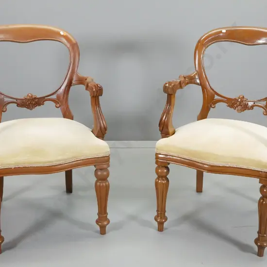 pair reproduction mahogany carved balloon back dining chairs carver chairs, gold suede fabric seats H910 W530 D520