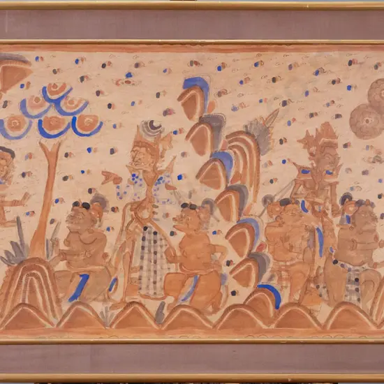 framed ink and watercolour on fabric South East Asian scene H-430 W-880