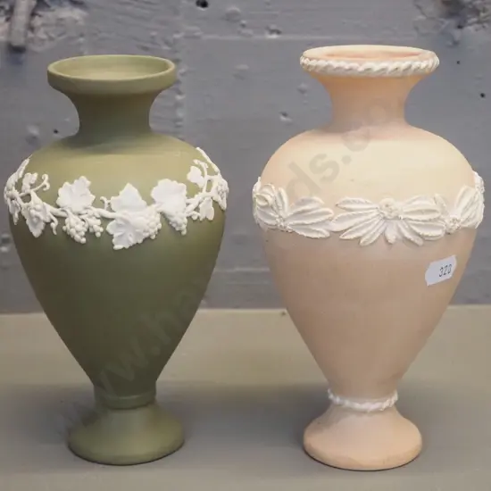 2 Lovatt New Zealand pottery jasperware style vases - peach colour H-190 D-100 and olive green