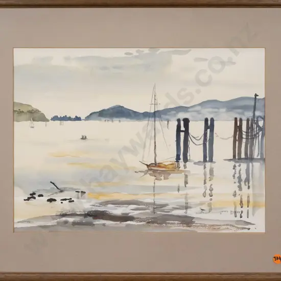 Joan Elder framed watercolour Tairoa Heads H-270 W-380
