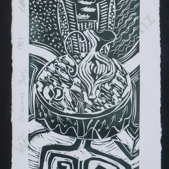 LM Beech 1989 - framed screen print 4/6 "the occasional table" H-290 W-190 (underside of glass needs clean)