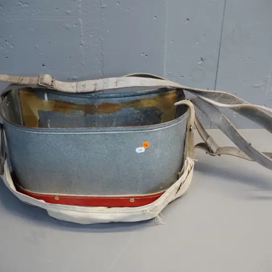 tin and canvas fruit pickers basket with leather strap - wear and tear - bin H190 W410