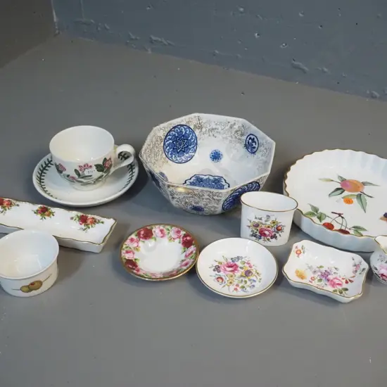 assorted English china - Portmeirion Botanic Garden cup & saucer, Royal Worcester flan dish, Royal Albert mint dish, etc