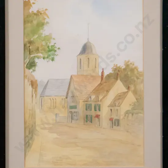 framed watercolour village scene H-230 W-160