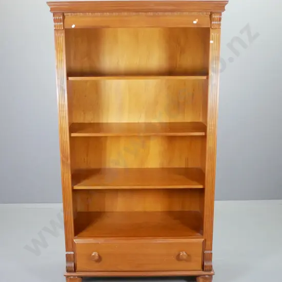 large rimu bookcase with drawer, fluted detailing, 4 fixed shelves H1830 W950 D430
