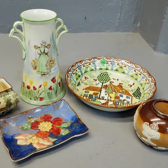5 pieces Royal Doulton china - 2 "Sampler" pattern, Dutch girl vase, floral pin dish, Burslem candlestick