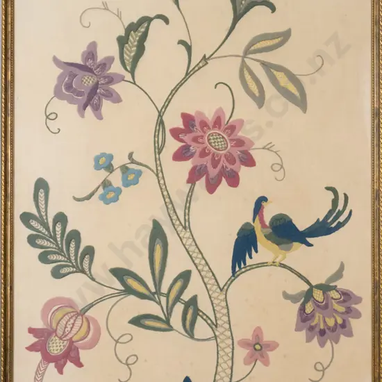 framed vintage needlework on linen H-860 W-600 (age marks to linen)