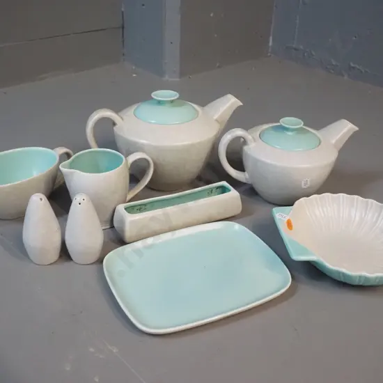 Poole seagull and teal items - 2 teapots, sauce boat, milk jug, salt & pepper, shell dish etc.