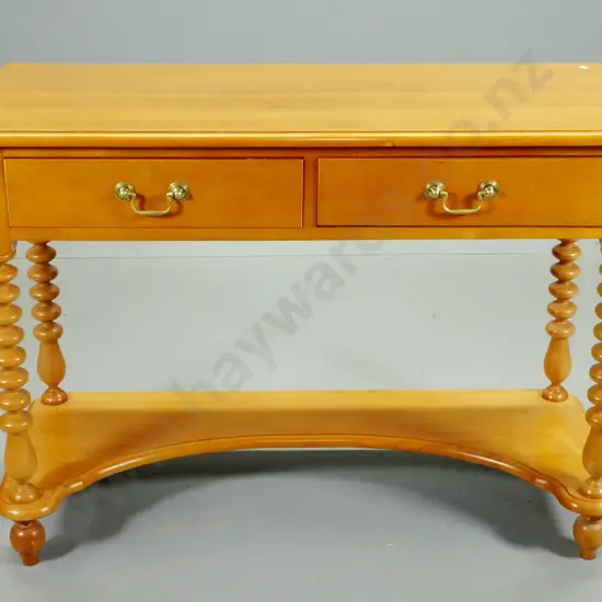 reproduction kauri hall table with 2 drawers w/ brass handles, cotton-reel legs, lower shelf H760 W1030 D430