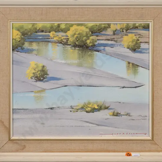 Alan D Cooke '72 - framed oil "March Reflections Lower Shotover River Lake Wakatipu Area"