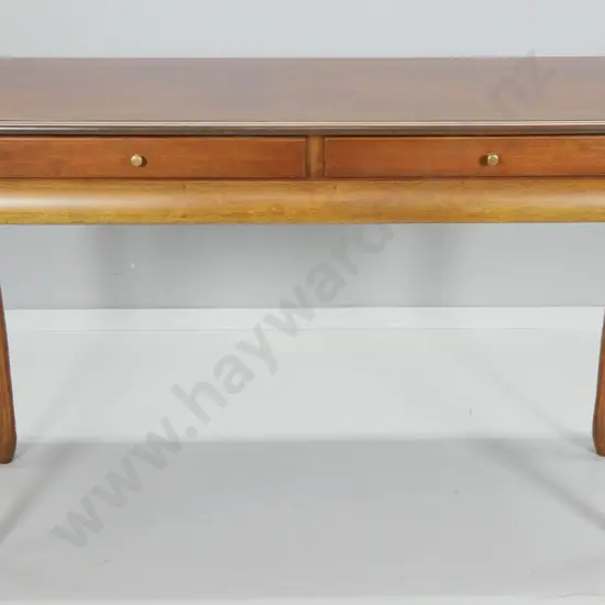 reproduction mahogany cab-leg hall table with 2 drawers, quartered top - H-760 W-1200 D-400