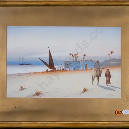 framed watercolour - middle eastern beach scene H-180 W-280 (frame needs attention)