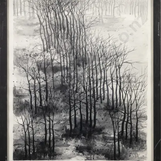illegible signature 1979 - framed screenprint - trees H-440 W-360