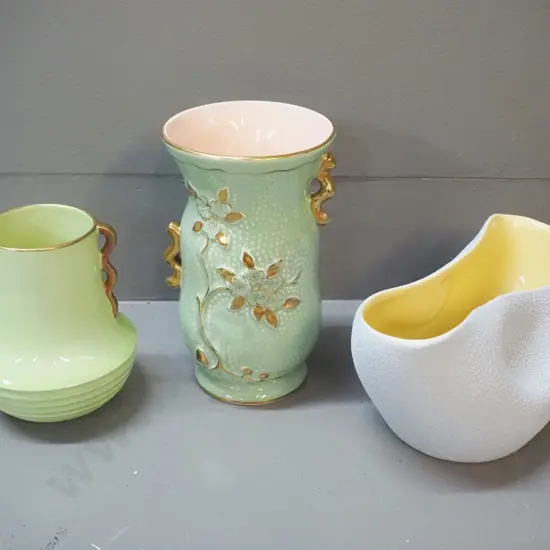 3 vases - Carlton Ware and Crown Devon handled vases and another (German?) marked MCP. Crown Devon is H175