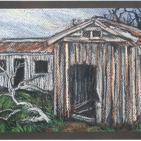 Liz Abbott 2009 - framed conte "Farm Building, Seacliff" H-150 W-210