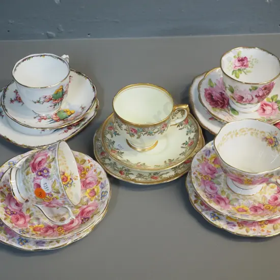 5 English bone china trios - 4 are Royal Albert including Serena & American Beauty, other is Salisbury