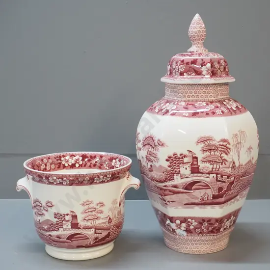 2 pieces Spode Pink Tower china - large cover pot H-420 and a small jardiniere