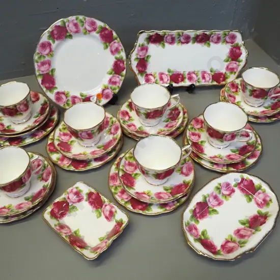 collection of Royal Albert Old English Rose tea ware including 7 trios, sandwich tray, small cake plate, etc.