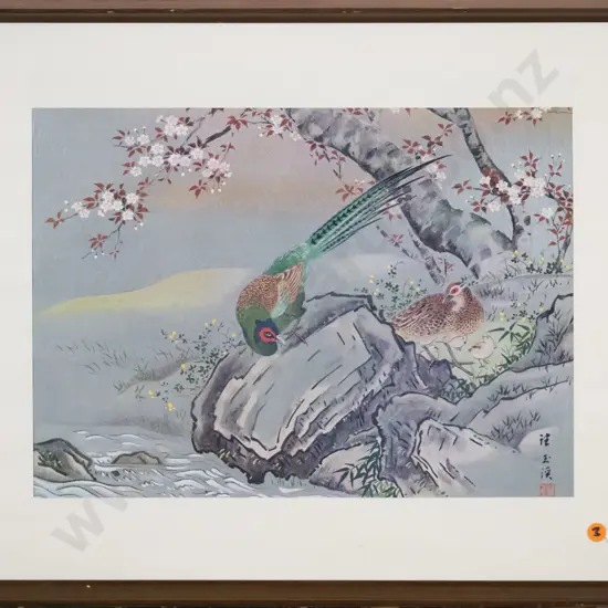 framed Japanese print - pheasant family H-280 W-390