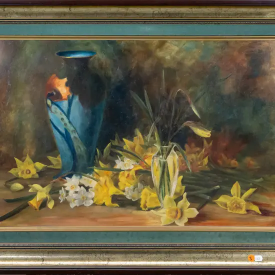framed oil - still life flowers and vase H-390 W-600