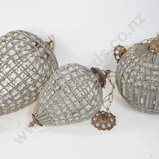 3 hanging light shades with glass metal and wire frames, cast metal fittings, and journals, 3 sizes - largest H600 D290