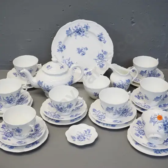 Coalport 'Divinity Blue' tea set - 8 trios, teapot, cake plate, cream & sugar, dish