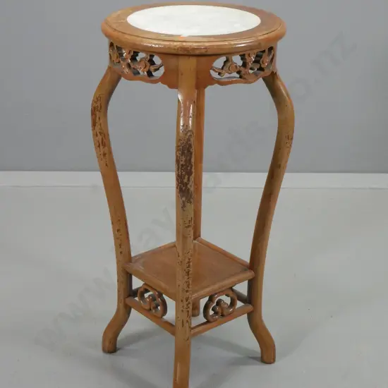 asian teak plant or display stand with circular marble inset top, carved rails, polish needs attention H760 Diameter 355