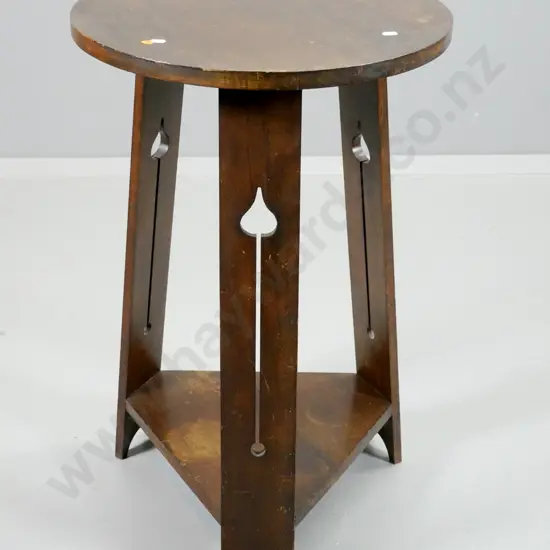 vintage deco style mahogany round occasional table with triangular lower shelf, 3 legs w/keyhole motif H745 D480