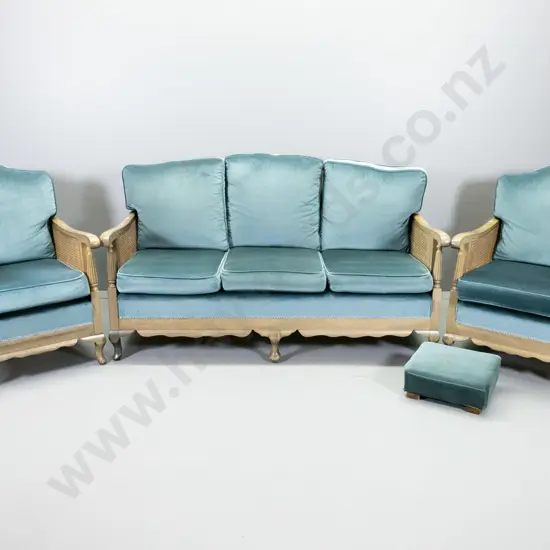 3 piece mahogany & bergere cane lounge suite plus foot-stool, in blue velvet fabric. Polish faded. H880 W1650 D820