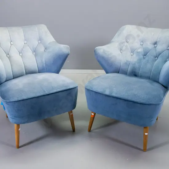 pair of mid-century button-back light blue velvet upholstered tub chairs on tapered timber legs H690 W650 D600