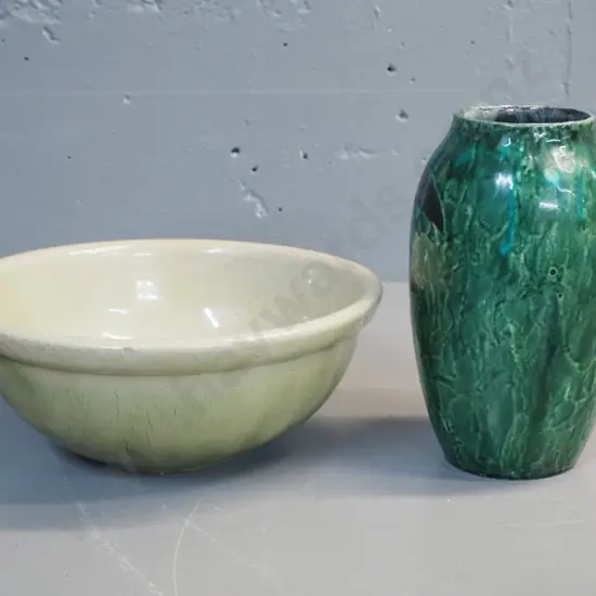 Timaru pottery mixing bowl with under-glaze crackling D275 & a green and mottled German black thunderbird vase H230