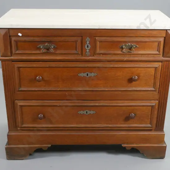 vintage French oak marble top 4 drawer chest - key escutcheons, no key H880 W1050 D480