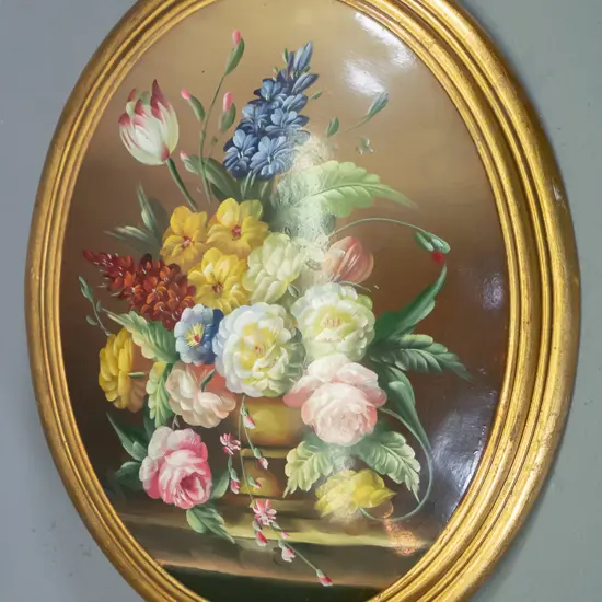 gilt framed oil on convex board - flowers H-450 W-350
