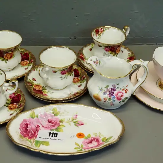 4 Royal Albert Old Country Roses coffee cups & saucers, Painter's Rose trio, American Beauty dish, and Derby Posies jug