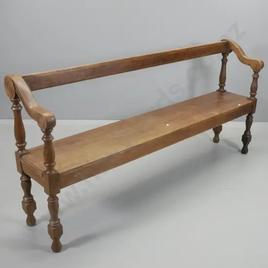vintage oak bench seat or church pew with turned posts, carved scroll ends - wear & minor splits H820 W1670 D230
