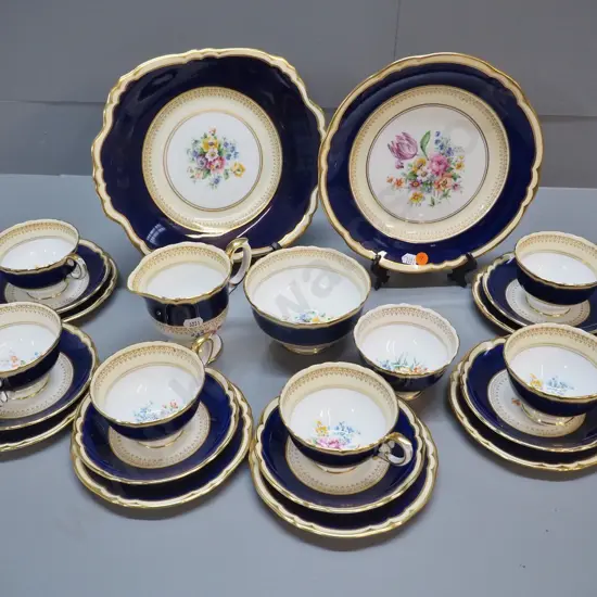 Crown Staffordshire floral, cobalt and gold 23-piece tea set - 2 cake plates, 2 sugar bowls