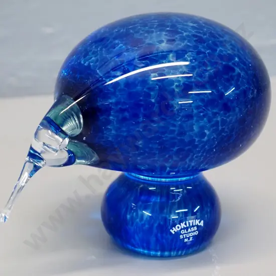 Hokitika art glass kiwi - mottled blue and clear - H90 L130