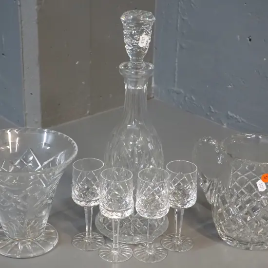 cut crystal items including stoppered decanter, 4 sherries, jug and a Webb Corbett vase