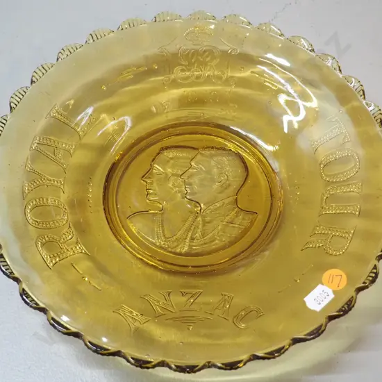 moulded amber glass 1949 ANZAC Royal Tour plate D-265