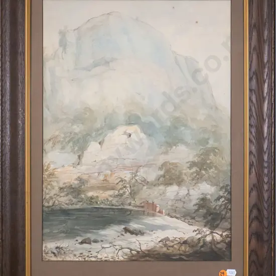 framed watercolour - lake and mountain (some foxing) H-440 W-320
