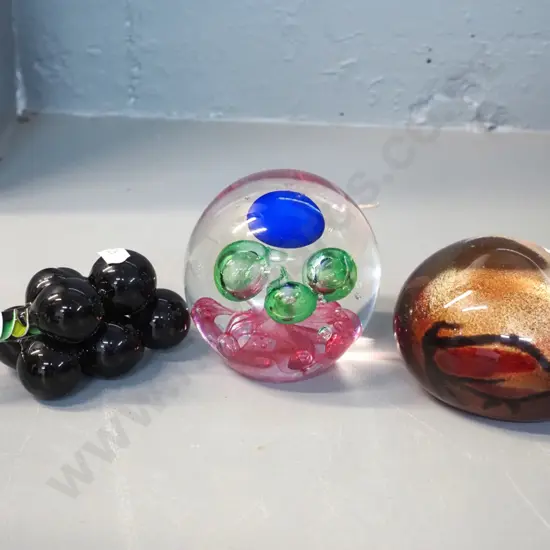 3 pieces of art glass - 2 paperweights, one marked Signature Style By Murphy's D85, and a grape bunch ornament
