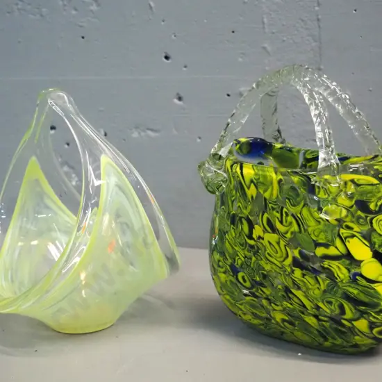 2 pieces of art glass - light green Hokitika basket vase H210 W170 and a green, yellow & blue mottled handbag