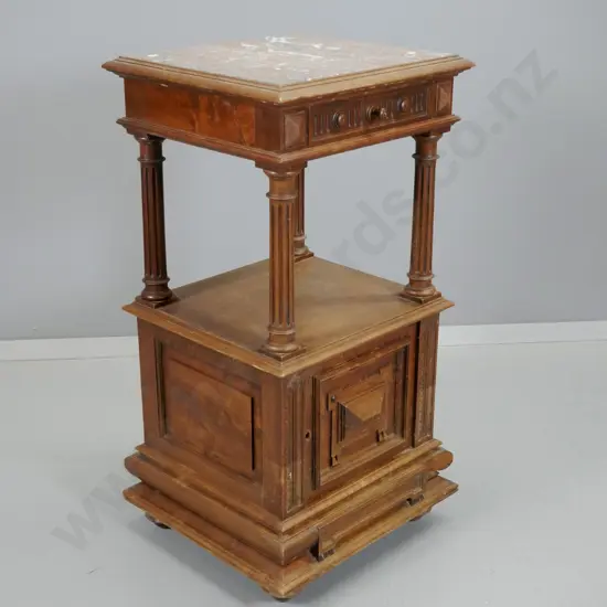 vintage French oak night stand with - 1 drawer, marble top, door is locked, no key, polish needs work  H840 W420 D390